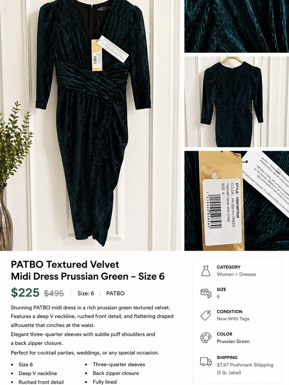 *NWT* Gorgeous PatBO Prussian Green Textured Velvet Midi Dress